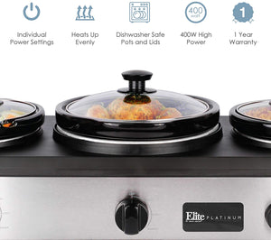 Elite Platinum EWMST-415 Maxi-Matic Triple Slow Cooker Buffet Server, Stainless Steel