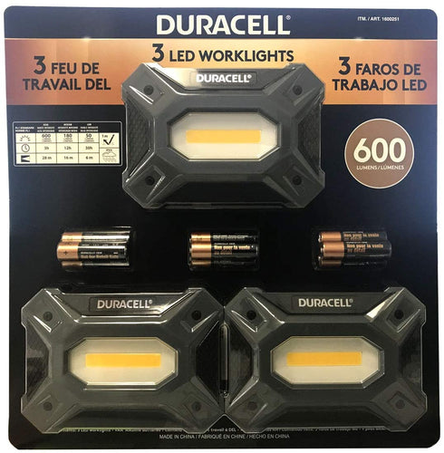 Duracell 600 Lumens LED Work Light -Great for Camping, Boating, Hurricane, Garage, Patio- IPX4 Water Resistant Lamps 3 Pack