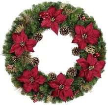 Load image into Gallery viewer, Home Accents Holiday 36 in. Burgundy Poinsettia Pine Wreath with Berries, Gold Glitter Cedar and Pinecones