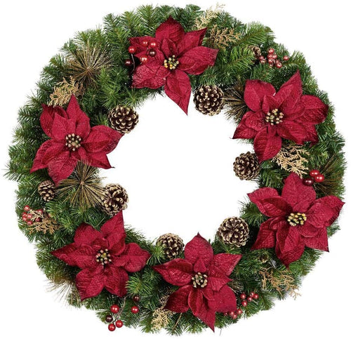 Home Accents Holiday 36 in. Burgundy Poinsettia Pine Wreath with Berries, Gold Glitter Cedar and Pinecones