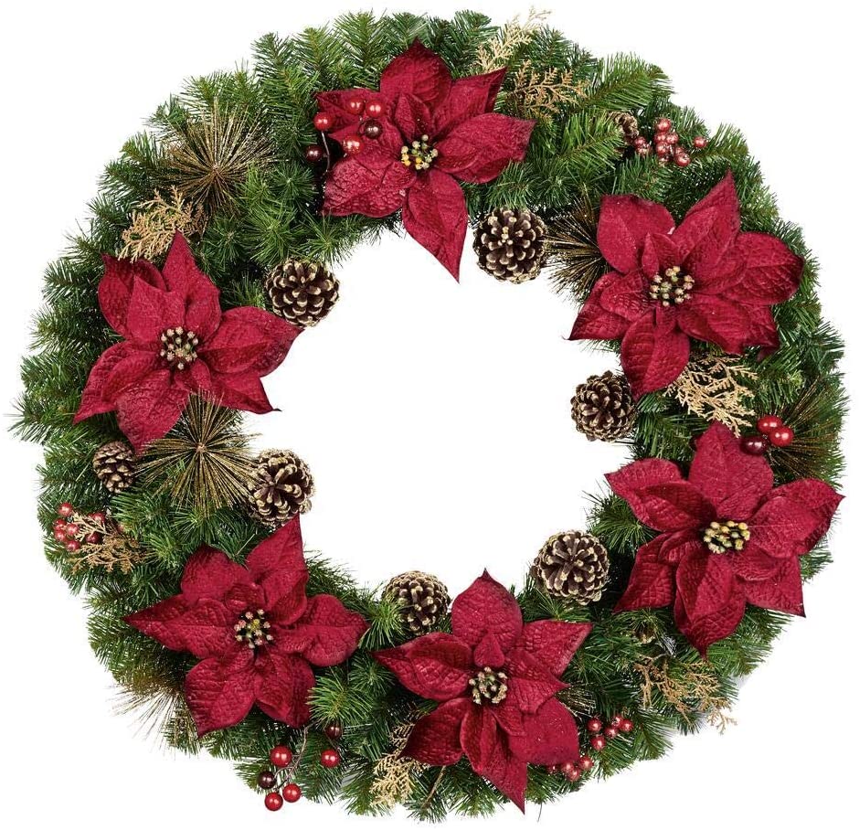 Home Accents Holiday 36 in. Burgundy Poinsettia Pine Wreath with Berries, Gold Glitter Cedar and Pinecones
