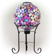 Load image into Gallery viewer, Alpine Corporation Outdoor Solar Powered Pink Glass Mosaic Gazing Globe with LED Lights and Metal Stand, Violet