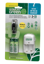 Load image into Gallery viewer, UltraLast Green 2AA/AAA/USB On-the-Go Charger with 2 AA Everyday Precharged Batteries