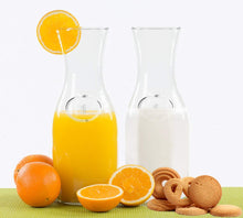 Load image into Gallery viewer, Estilo EST2095 Glass Beverage Pitcher Carafe With Plastic Lids, Narrow Neck Design, 1 liter (33oz) Set of 2, Clear