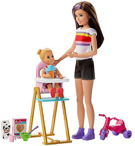 Barbie Skipper Babysitters Inc. Feeding Playset with Babysitting Skipper Doll, Toddler Doll with Feeding Feature, High Chair, Tricycle and Food-Themed Accessories for Kids 3 to 7 Years Old