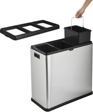 Load image into Gallery viewer, Step N' Sort 16 Gal, 3 Compartment Open Top Trash and Recycling Bin, Silver (OPN603)