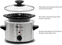 Load image into Gallery viewer, Elite Gourmet MST-250XS Electric Slow Cooker, Adjustable Temp, Entrees, Sauces, Stews &amp; Dips, Dishwasher Glass Lid &amp; Ceramic Pot, 1.5Qt Capacity, Stainless Steel