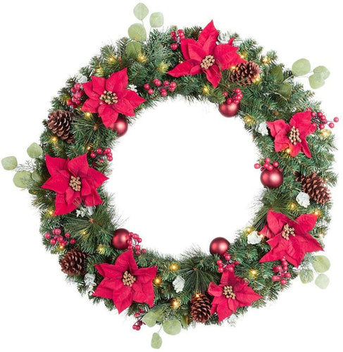 Home Accents Holiday 36 in Berry Bliss Battery Operated Mixed Pine LED Pre-Lit Artificial Wreath with Timer