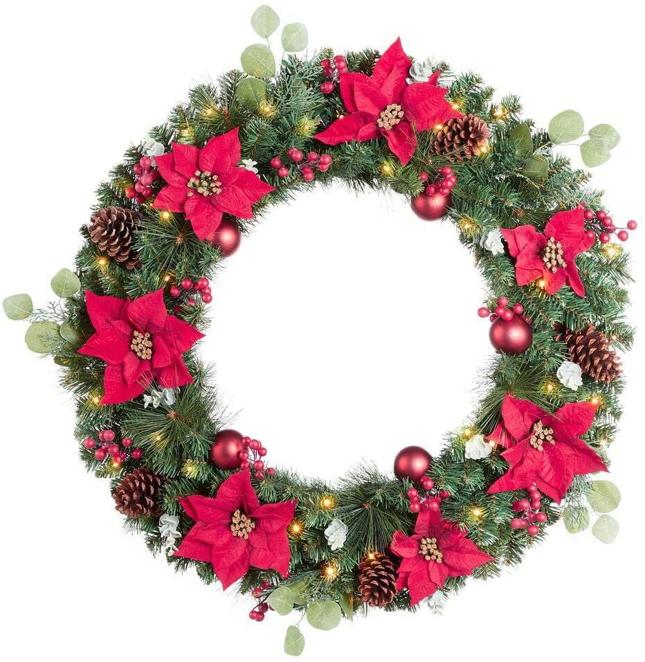 Home Accents Holiday 36 in Berry Bliss Battery Operated Mixed Pine LED Pre-Lit Artificial Wreath with Timer