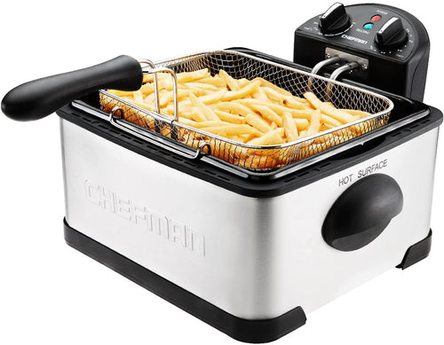 Chefman Deep Fryer with Basket Strainer Perfect for Chicken, Shrimp, French Fries and More, Removable Oil Container and Rotary Knob for Adjusting the Temperature, Stainless Steel