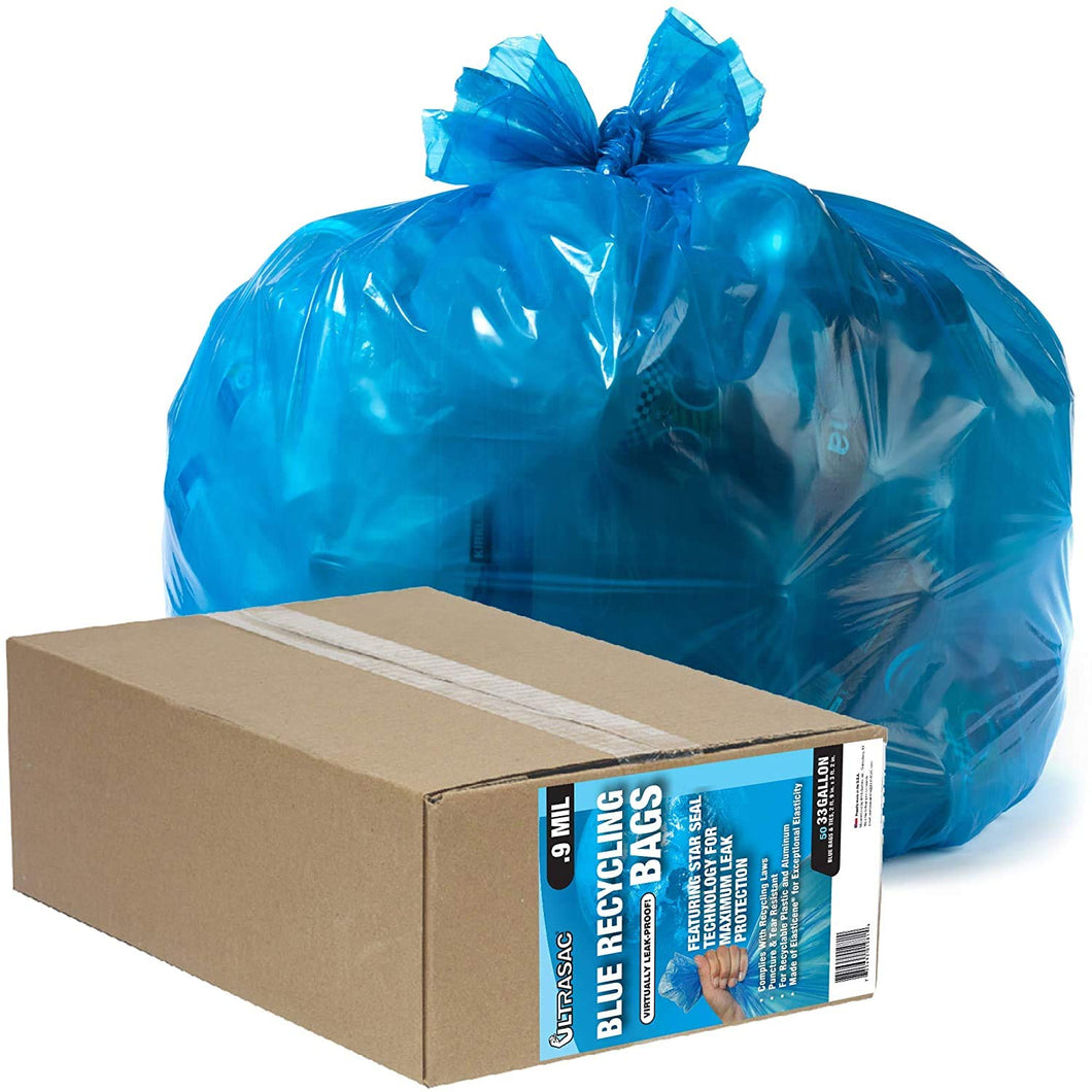 Aluf Plastics-710751 AM RECYCLING BLUE Heavy Duty Large Blue Recycling Bags by Ultrasac - 33 Gallon (GIANT 50 Pack /w ties) 33