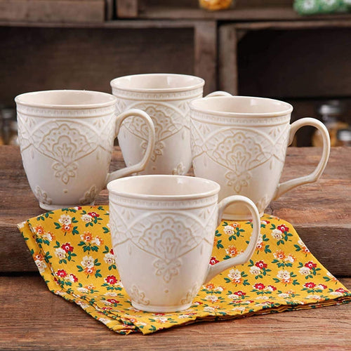 Charming Antique Style Farmhouse Lace Mug Set (LINEN)