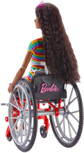 Load image into Gallery viewer, Barbie Fashionistas Doll #166, with Wheelchair &amp; Crimped Brunette Hair Wearing Rainbow-Striped Dress, White Sneakers, Sunglasses &amp; Fanny Pack, Toy for Kids 3 to 8 Years Old