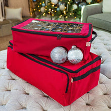 Load image into Gallery viewer, [Red Christmas Ornament Storage Box With Dividers] - (Holds 48 Ornaments up to 3 Inches in Diameter) | Acid-Free Removable Trays with Separators | Clear Window to Easily See Storage Bags Contents
