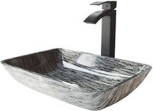 Load image into Gallery viewer, VIGO Onyx Handmade Countertop Glass Rectangle Vessel Bathroom Sink Set in Gray Onyx Finish with Matte Black Single-Handle Single Hole Faucet and Pop Up Drain