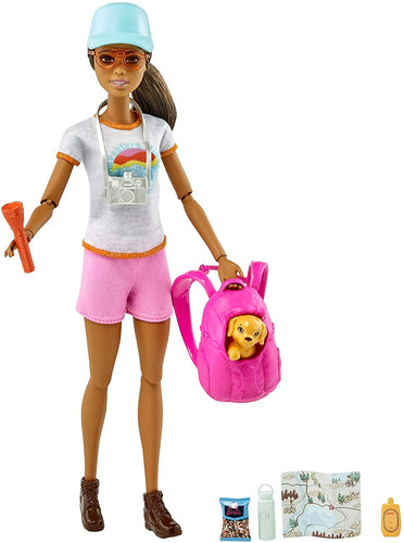 Barbie Hiking Doll, Brunette, with Puppy & 9 Accessories, Including Backpack Pet Carrier, Map, Camera & More, Gift for Kids 3 to 7 Years Old