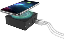 Load image into Gallery viewer, powerstation hub - Portable Battery hub with Foldable AC Power prongs - Compatible with Qi-Enabled Devices, Smartphones, Tablets, and Other USB Devices - Black