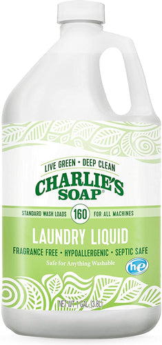 Charlie’s Soap – Fragrance-Free Laundry Liquid Detergent – 160 Loads (128 oz, 1 Pack)