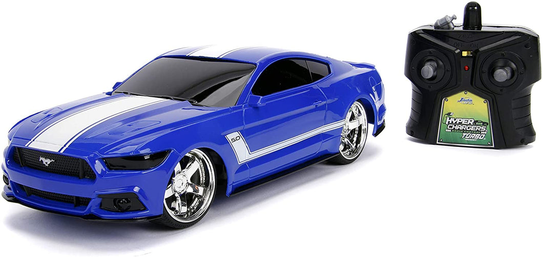 Jada Toys Big Time Muscle Hyperchargers RC - 2015 Ford Mustang Gt, USB Charging, 2.4 Ghz, Glossy Blue with White Stripes