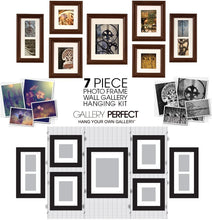 Load image into Gallery viewer, Pinnacle Frames and Accents Gallery Perfect 7 Piece Walnut Wood Photo Frame Wall Gallery Kit