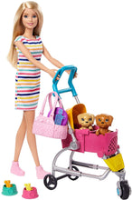 Load image into Gallery viewer, Barbie Stroll ‘n Play Pups Playset with Blonde Barbie Doll (11.5-Inch), 2 Puppies, Pet Stroller and Accessories, Gift for 3 to 7 Year Olds