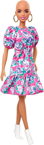 Barbie Fashionistas Doll #150 with No-Hair Look Wearing Pink Floral Dress, White Booties & Earrings, Toy for Kids 3 to 8 Years Old
