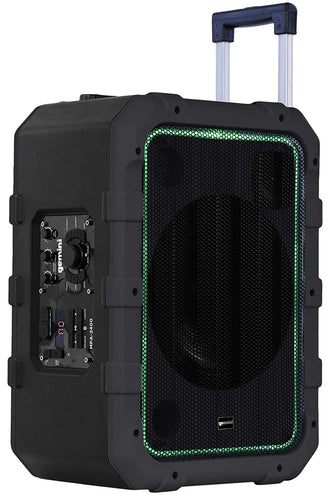 Gemini MPA-2400 10” Rechargeable Weather-Resistant Trolley Speaker with Bluetooth, LED Light Show, 6 DSP Modes, Microphone and Guitar Inputs, 240W Peak Power, FM Radio