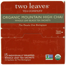 Load image into Gallery viewer, Two Leaves and a Bud Organic Mountain High Chai Tea Bags, Whole Leaf Black Tea Pyramid Sachets, Moderate Caffeine, 15 Count (Pack of 6)