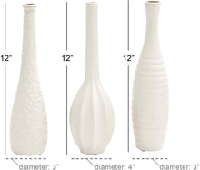 Load image into Gallery viewer, CosmoLiving by Cosmopolitan 92562 Modern Style Tall White Ceramic Bud Vases with Textural Finishes | Set of 3: 4” x 12”, 3” x 12”, 3” x 12”