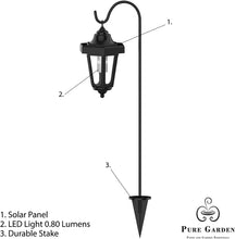 Load image into Gallery viewer, Pure Garden Solar Powered Lights-Set of 2, 32” Hanging Coach Lanterns with 2 Shepherd Hooks-LED Outdoor Lighting for Gardens, Pathways, and Patio