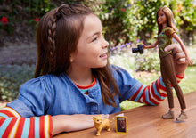 Load image into Gallery viewer, Barbie Photojournalist Doll, Brunette with Lion Cub, Camera and Magazine Cover, Inspired by National Geographic