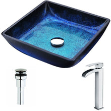 Load image into Gallery viewer, Modern Tempered Glass Vessel Square Sink with Single Hole in Blazing Blue and Single Handle Key Bathroom Sink Faucet in Polished Chrome | Viace LSAZ056-097 by ANZZI