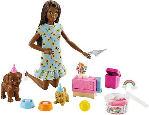 Barbie Doll (11.5-inch Brunette) and Puppy Party Playset with 2 Pet Puppies, Dough, Cake Mold and Accessories, Gift for 3 to 7 Year Olds
