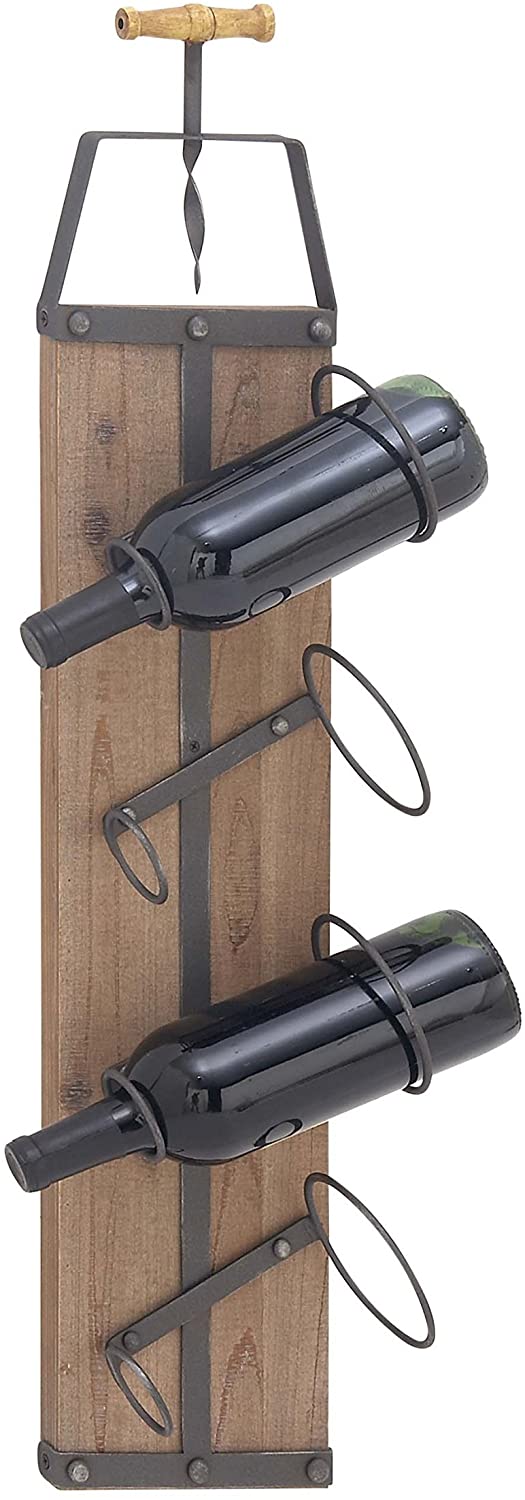 Deco 79 22630 Rectangular Wall Mounted Four-Bottle Wine Rack, Brown/Black