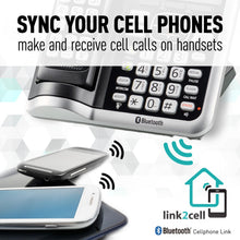 Load image into Gallery viewer, PANASONIC Link2Cell Bluetooth Cordless Phone System with Voice Assistant, Call Blocking and Answering Machine. DECT 6.0 Expandable Cordless System - 5 Handsets - KX-TGF575S (Silver)