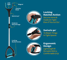 Load image into Gallery viewer, Grab It | Ratcheting, Grabber, Reaching Aid, Grabbing, Reaching, Pick Up Tool | Rotating Grip, Lift Up to 5 lbs, LED Light, Built in Magnet and Jewelry Hook