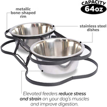 Load image into Gallery viewer, Iconic Pet Dog or Cat Stainless Steel Double Diner Elevated Bowl Set with Heavy Duty Bone Shaped Rim