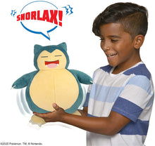 Load image into Gallery viewer, Pokemon Snooze Action Snorlax Plush, 10 Plush Toy - Features Over 20 Authentic Snorlax Sounds, with 2 Modes of Play: Asleep &amp; Awake, Plus Vibrating Belly - Eats Pecha Berry (Included)