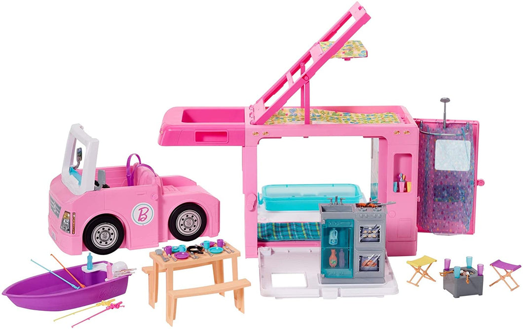 Barbie 3-in-1 DreamCamper Vehicle, approx. 3-ft, Transforming Camper with Pool, Truck, Boat and 50 Accessories, Makes a Great Gift for 3 to 7 Year Olds, Multicolor