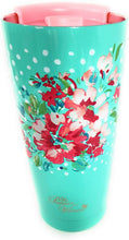 Load image into Gallery viewer, The Pioneer Woman Garden Stainless Steel Double Wall Vacuum Insulated Maverick Tumbler with Sliding Lid, 20 oz, Turquiose with Floral and Dots Design