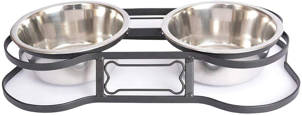 Iconic Pet Dog or Cat Stainless Steel Double Diner Elevated Bowl Set with Heavy Duty Bone Shaped Rim