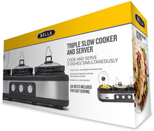 Load image into Gallery viewer, BELLA Triple Slow Cooker and Buffet Server, 3 x1.5 QT Manual Stainless Steel