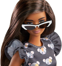 Load image into Gallery viewer, Barbie Fashionistas Doll with Long Brunette Hair Wearing Mouse-Print Dress, Pink Booties &amp; Sunglasses, Toy for Kids 3 to 8 Years Old