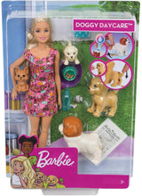 Load image into Gallery viewer, Barbie Doggy Daycare Doll, Blonde, and Pets Playset with 4 Dogs, Including One Puppy that Poops and One that Pees, Plus Color-Change Paper and More, Gift for 3 to 7 Year Olds