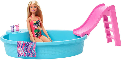 Barbie Doll, 11.5-Inch Blonde, and Pool Playset with Slide and Accessories