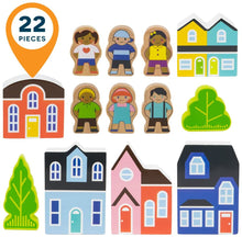 Load image into Gallery viewer, Imagination Generation Blocktown Little Wooden People Play Set, 22 Pieces Including Characters, Houses, Trees and More