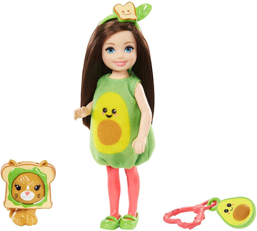 Barbie Club Chelsea Dress-Up Doll, 6-in Brunette in Avocado Costume with Pet Kitten and Accessories, Gift for 3 to 7 Year Olds