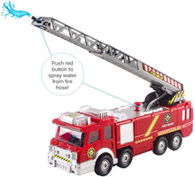 Load image into Gallery viewer, Fire Truck Toy Rescue with Shooting Water, Lights and Sirens Sounds, Extending Ladder and Water Pump Hose to Shoot Water, Bump and Go Action by Vokodo