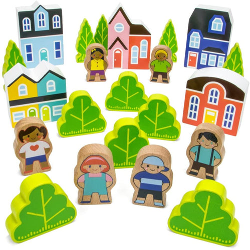 Imagination Generation Blocktown Little Wooden People Play Set, 22 Pieces Including Characters, Houses, Trees and More