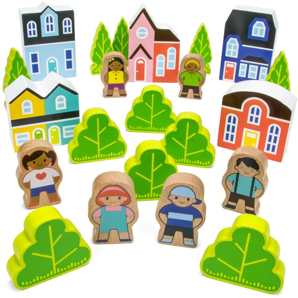 Imagination Generation Blocktown Little Wooden People Play Set, 22 Pieces Including Characters, Houses, Trees and More